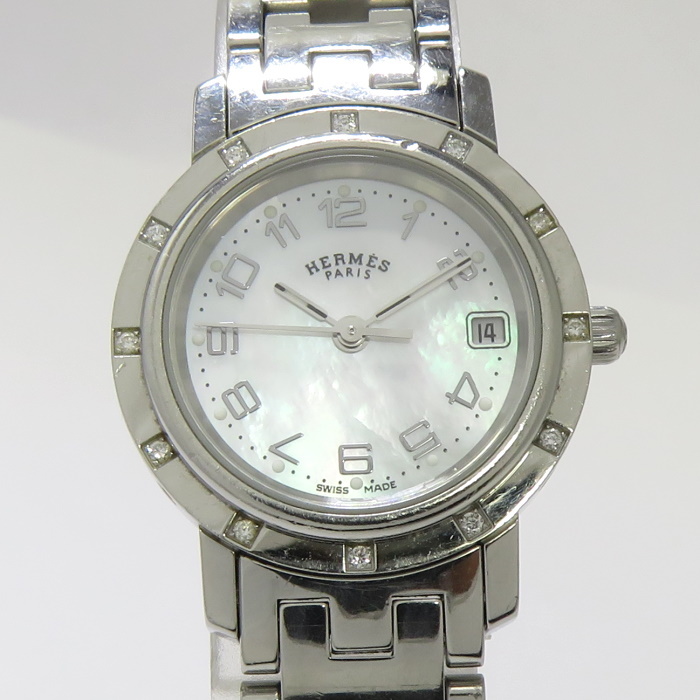【中古】HERMES クリッパー ナクレ レディース 腕時計 12P ダイヤ クオーツ SS ホワイトシェル文字盤 CL4.230