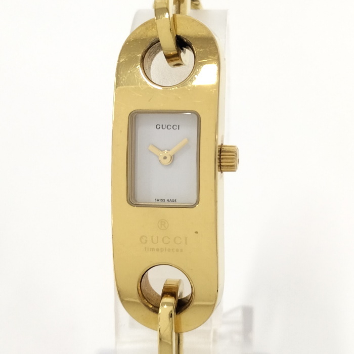 【中古】GUCCI ブレスウォッチ レディース 腕時計 クオーツ SS GP レザー ゴールド文字盤 6100L