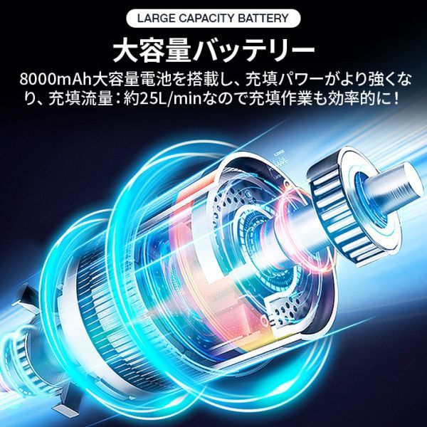 電動 空気入れ 電動エアーポンプ エアコンプレッサー 150PSI 自動停止 LEDライト 8000mAH エアーポンプ 自動車 バイク 原付 自転車_画像5