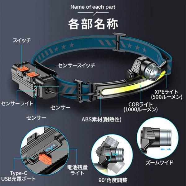 2個セット】進化版 ヘッドライト usb充電式 角度調整可 最大1000ルーメン ６モード センサー点灯 ズーム機能 電池残量表示 ヘッドランプ_画像9