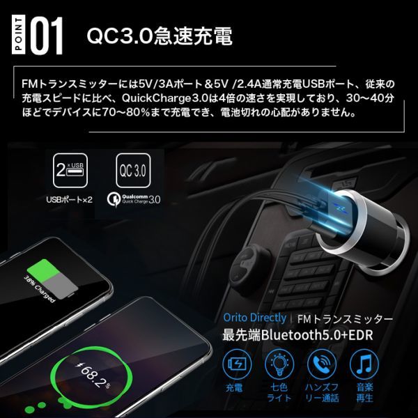 USB in-vehicle charger Bluetooth 5.0+EDR 2 USB port (5V/2.4A&3A) QC3.0 sudden speed charge Mike built-in hands free telephone call TF card /Aux-in correspondence 