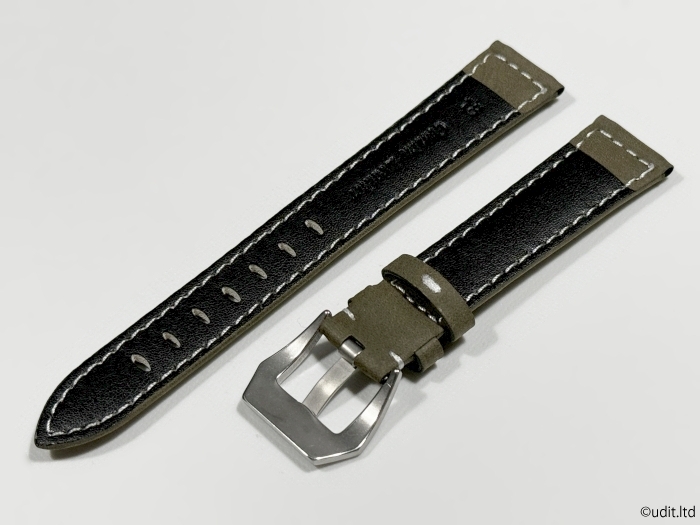 ラグ幅：18mm レザーベルト 腕時計ベルト アースカラー グリーン系 ハンドメイド 時計用バンド ヘキサゴン尾錠付き LB106 _こちらが裏面のデザインです。
