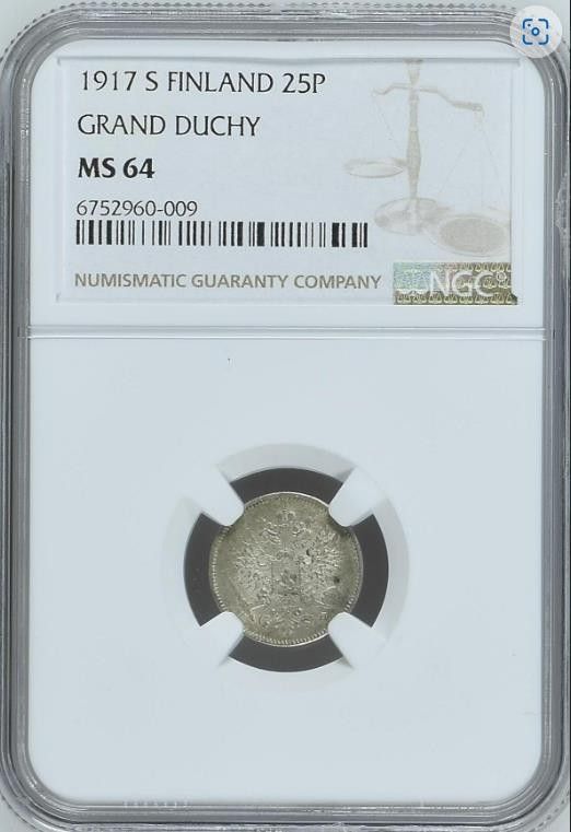 【MS64】NGC　1917S　ロシア帝国領フィンランド　25ペンニア銀貨　有冠式　N社準最高鑑定　未使用