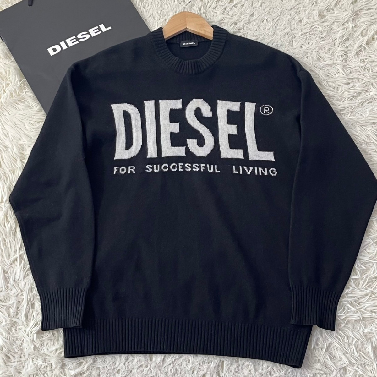 美品/Lサイズ相当●ディーゼル DIESEL ニット セーター K-LOGOS 肉厚 ブラック プリントロゴ デカロゴ ウール 黒 ふわふわ_画像1