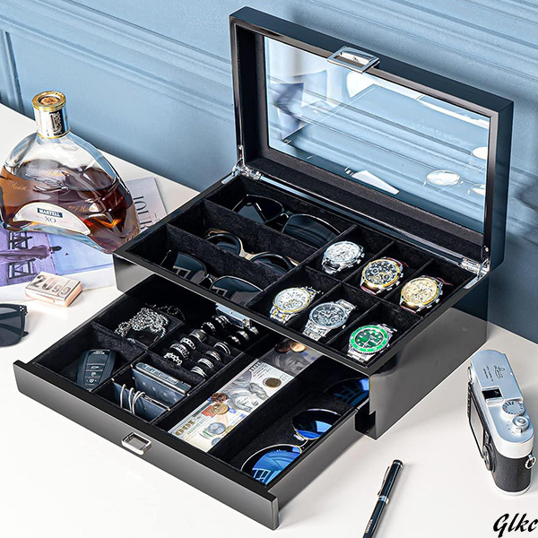 収納ボックス ガラス蓋 ディスプレイケース 小物整理 プレゼント 腕時計ケース 腕時計 メガネ 男性 アクセサリー ピアノ塗装