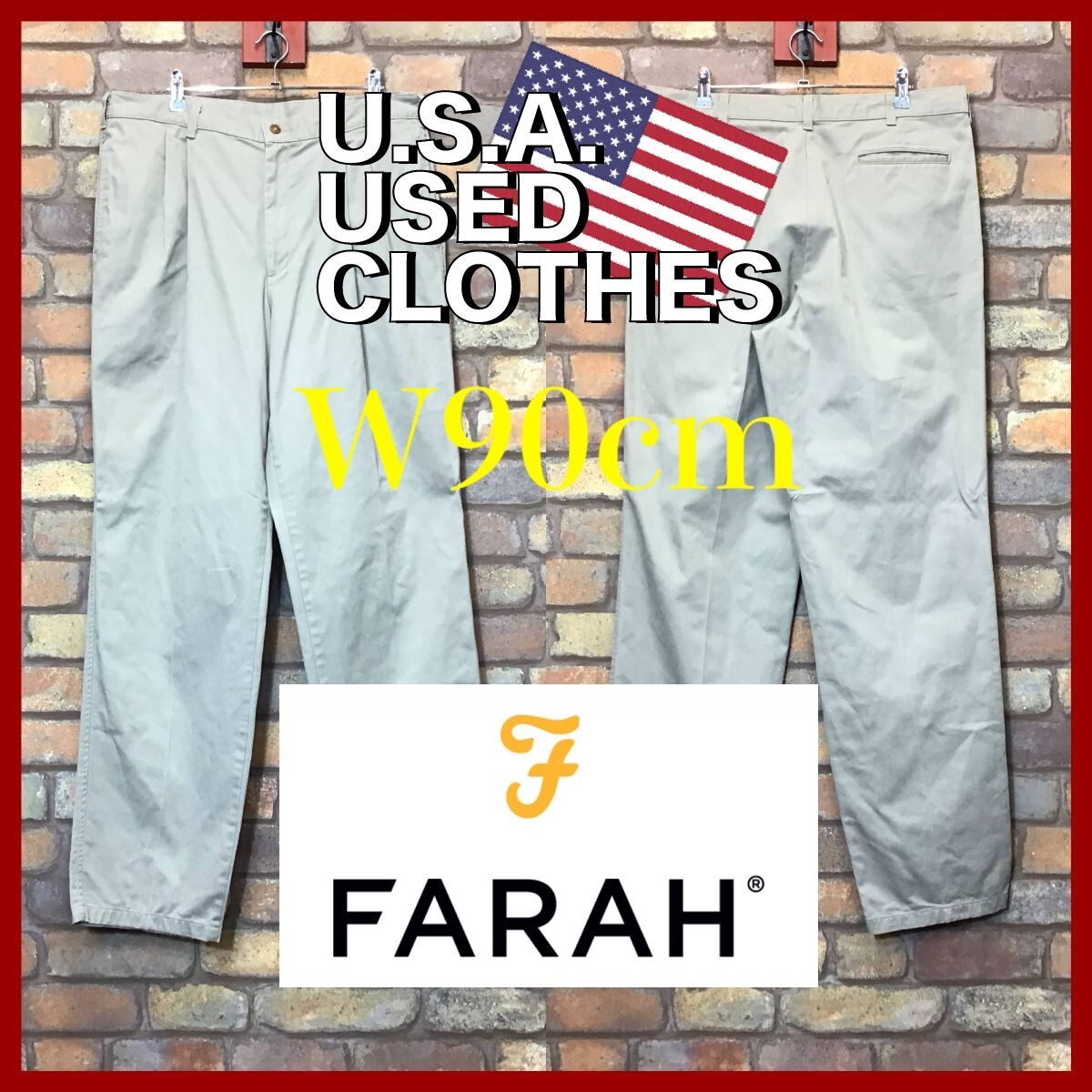 BP2-852★W90センチ位★USAワークブランド★USA古着【FARAH ファーラー】2タック チノパン【W35 メンズ L】サンドベージュ ワーク アメカジ_画像2