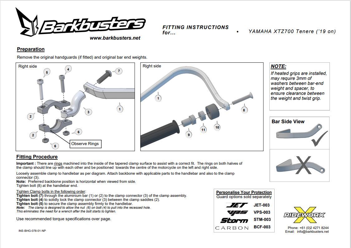 バークバスターズ ハンドガード YAMAHA XTZ700 TENERE テネレ (BHG-078-01) 熱間鍛造強化アルミバックボーン＋Pガード 卓越ツーリング性能_BHG-078-01 取付マニュアル