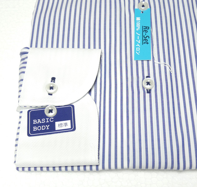 新品 送料無料 L 41-84 ドレスシャツ クレリック 綿100％ 標準 BASIC BODY ワイドカラー 形態安定 ブルー ストライプ HYBRIDBIZ ノーアイロ_画像3