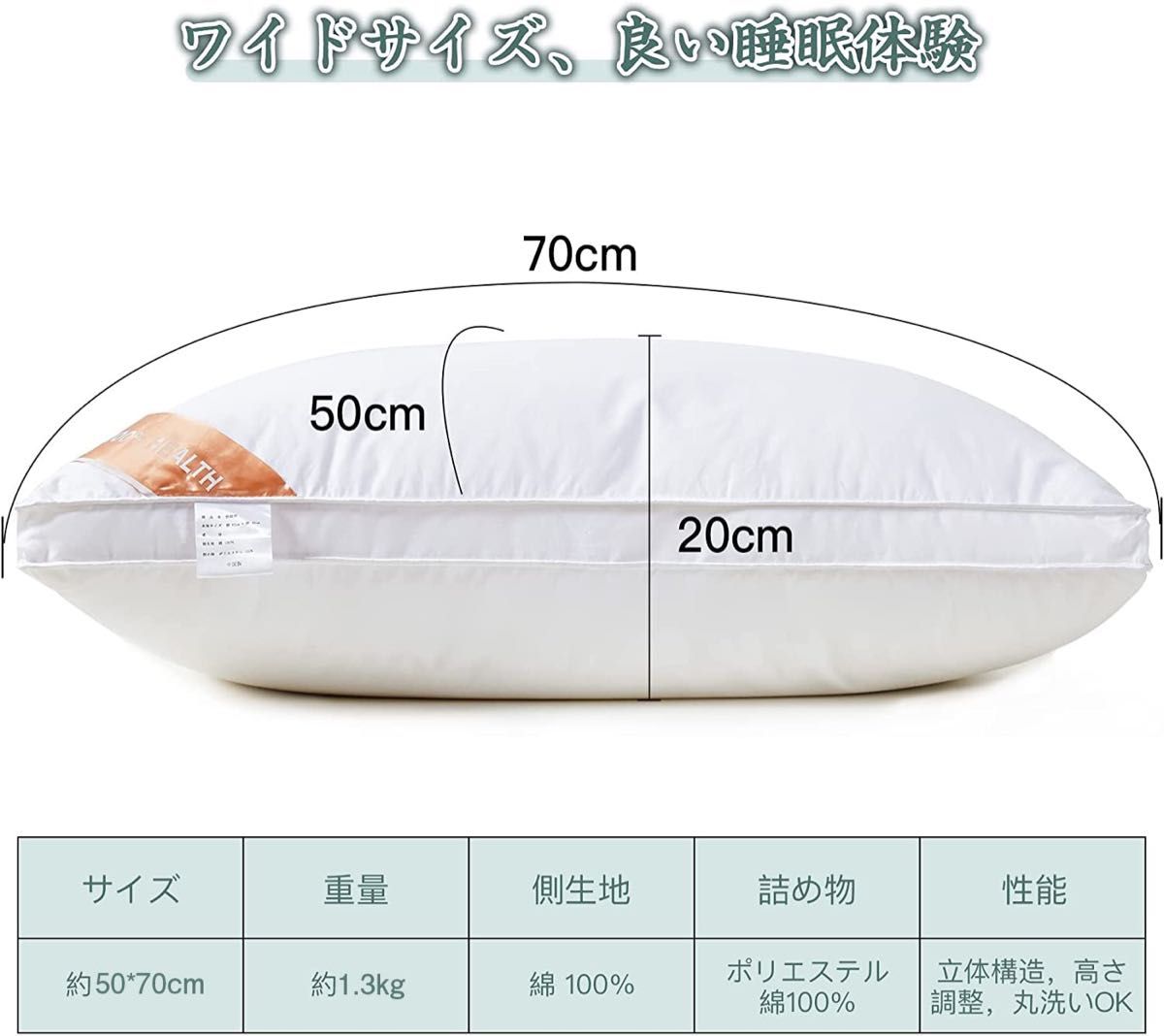 2個セット枕 まくら ホテル仕様 高反発枕 横向き対応 丸洗い可能 立体構造 ホワイト(長さ70cm*幅50cm高さ20cm)