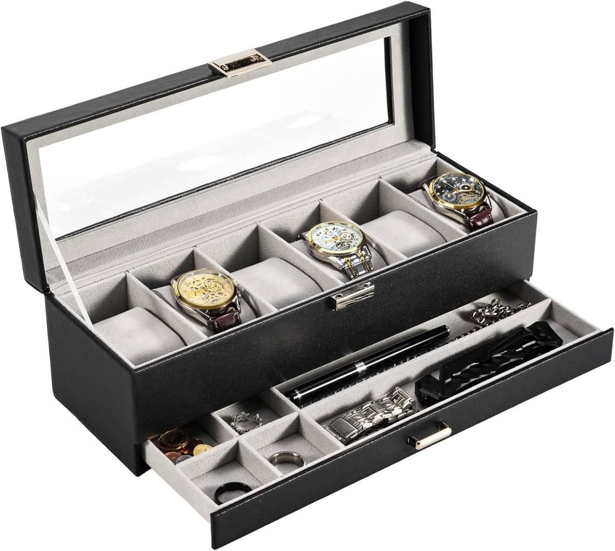 腕時計ケース 2段式 ブラック PU製 腕時計 男性 アクセサリー 収納ボックス ガラス蓋 ディスプレイケース 小物整理 プレゼント_画像7