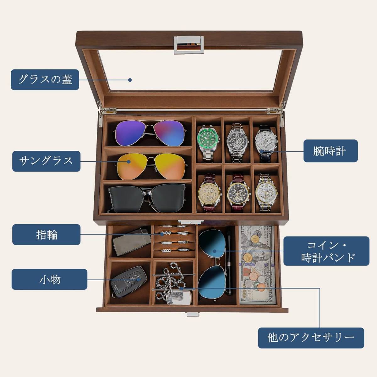 腕時計ケース 2段式 腕時計 メガネ 男性 アクセサリー エスプレッソ ピアノ塗装 収納ボックス ガラス蓋 ディスプレイケース 小物整理の画像5