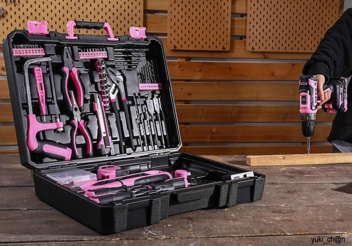 20V電動ドリル付き 186点本組 工具セット DIYセット ピンク 20V電動ドリル付き 186点本組 工具セット DIYセット ピンク