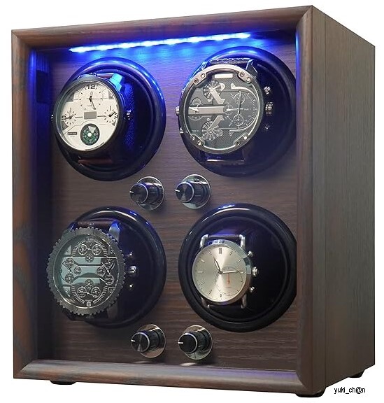ワインディングマシーン 木製 腕時計自動巻き上げ機 4本巻き 時計ケース 自動巻き 調整可能クッション LEDライト付 高級木製 USB電源