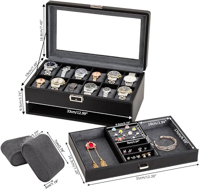 腕時計ケース 12本 腕時計収納ボックス 2段式 コレクションケース カーボンファイバー 男女兼用 インタリア用 レザー製クッション 鍵付き