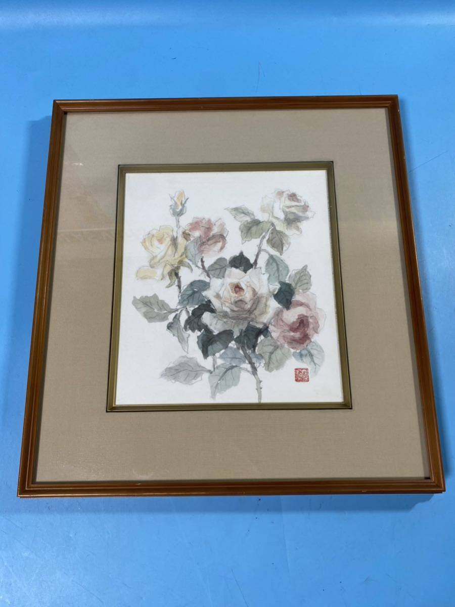 1円から〜色紙額　静物画 水彩画　薔薇 真作 作者不明　美術品 日本画 インテリア TJ5842_画像1