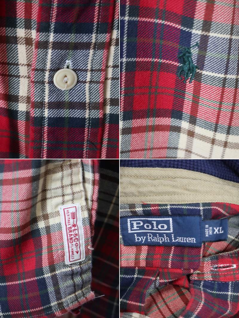 Polo by Ralph Lauren ラルフローレン 裏サーマル フード付き 長袖 ヘビー フランネル シャツ(メンズ XL)チェック_画像6