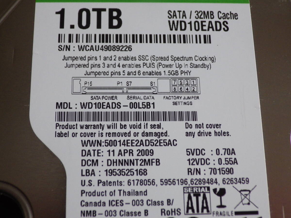 1.0TB WD10EADS-00L5B1 SATA/32MB 動作確認済み_画像2