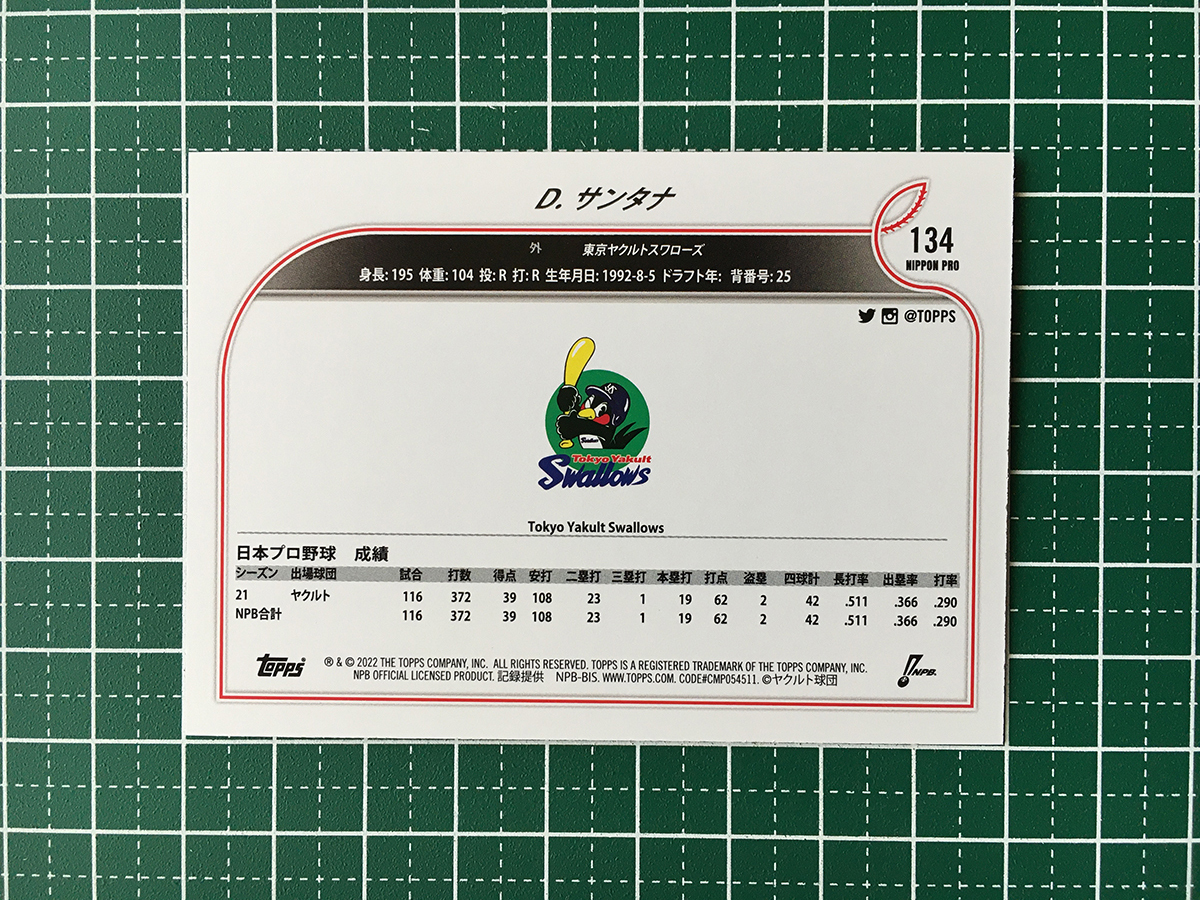 ★TOPPS NPB 2022 #134 ドミンゴ・サンタナ［東京ヤクルトスワローズ］ベースカード「BASE」★の画像2