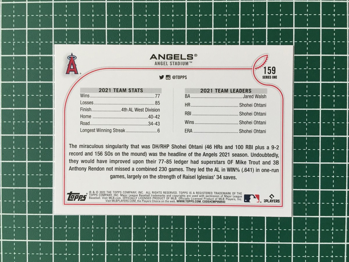 ★TOPPS MLB 2022 SERIES 1 #159 LOS ANGELES ANGELS／大谷翔平／SHOHEI OHTANI／MIKE TROUT ベースカード「TC」★_画像2