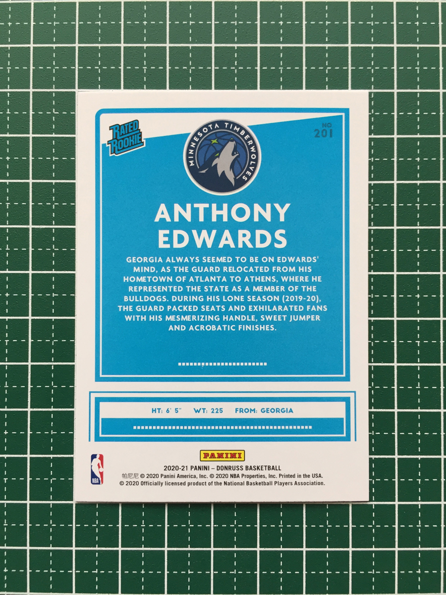 ★PANINI 2020-21 NBA DONRUSS #201 ANTHONY EDWARDS［MINNESOTA TIMBERWOLVES］ベースカード「RATED ROOKIE」ルーキー「RC」★_画像2