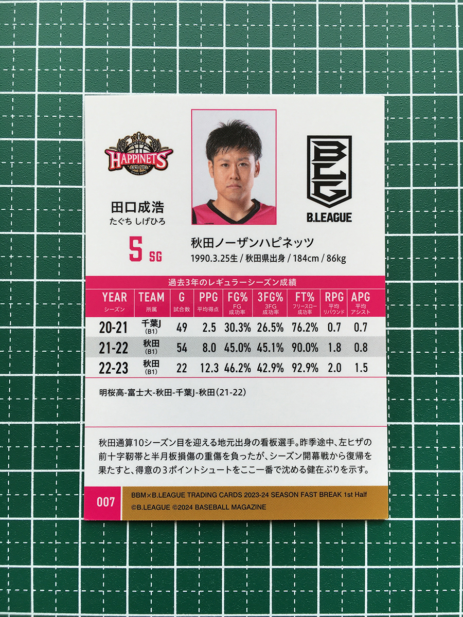 ★BBM B.LEAGUE 2023-24 FAST BREAK 1st HALF #007 田口成浩［秋田ノーザンハピネッツ］レギュラーカード★_画像2