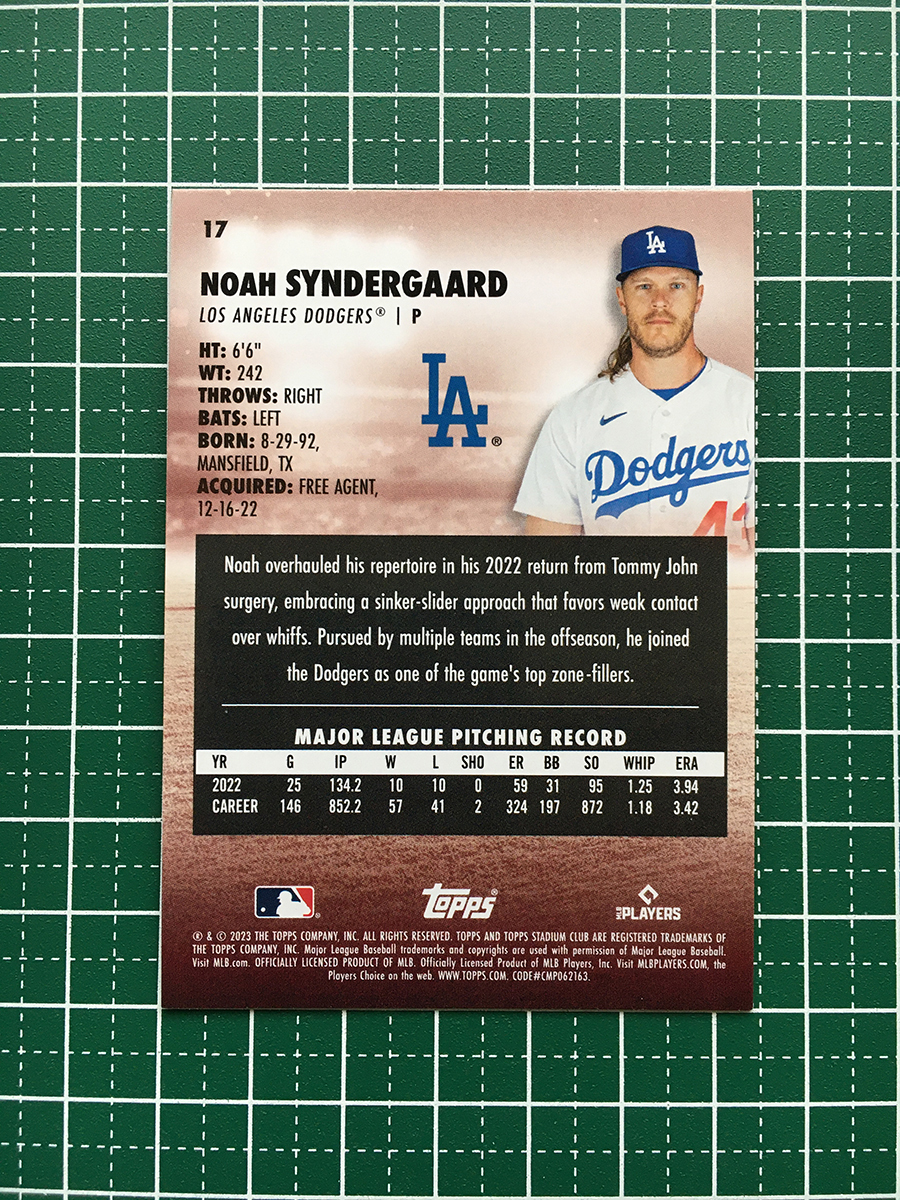 ★TOPPS MLB 2023 STADIUM CLUB #17 NOAH SYNDERGAARD［LOS ANGELES DODGERS］ベースカード「BASE」★_画像2