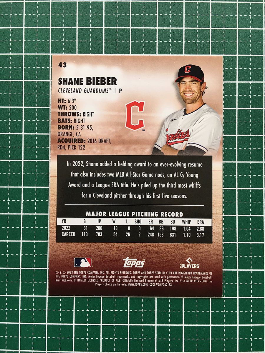 ★TOPPS MLB 2023 STADIUM CLUB #43 SHANE BIEBER［CLEVELAND GUARDIANS］ベースカード「BASE」★_画像2