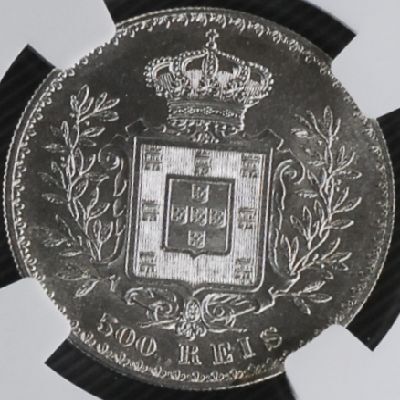 【流通型高鑑定】1891年 ポルトガル PORTUGAL カルロス1世 500（R）レイス 銀貨 NGC MS62 アンティークコイン_画像2