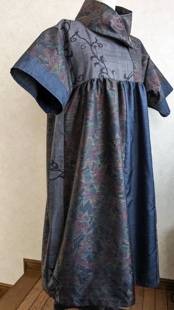  kimono remake * stylish o cover -toru tunic gya The - One-piece Ooshima pongee kimono hand made large size easy . leaf 