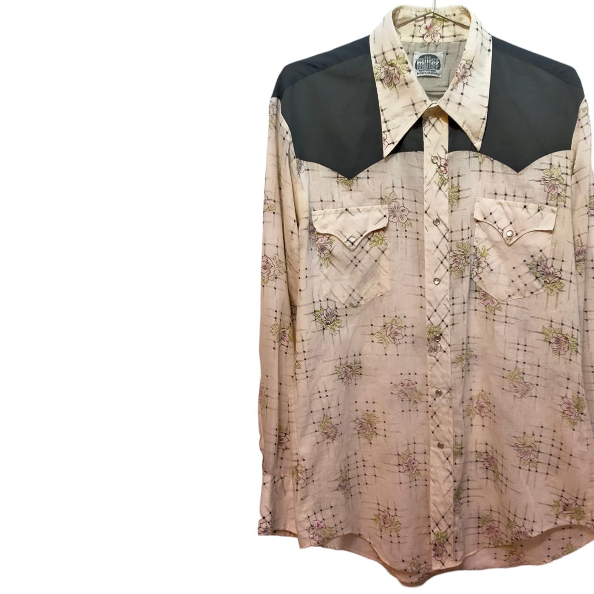 古着　miller western wear　長袖ウエスタンシャツ　ヴィンテージ　70s　芯入り襟　花柄_画像1