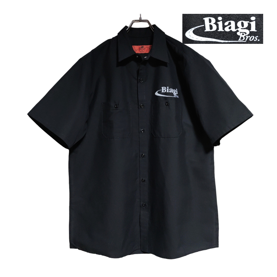 良品 RED KAP 半袖ワークシャツ size L ブラック ゆうパケットポスト可 胸 プリント Biagi 古着 洗濯 プレス済 ｃ51_画像1