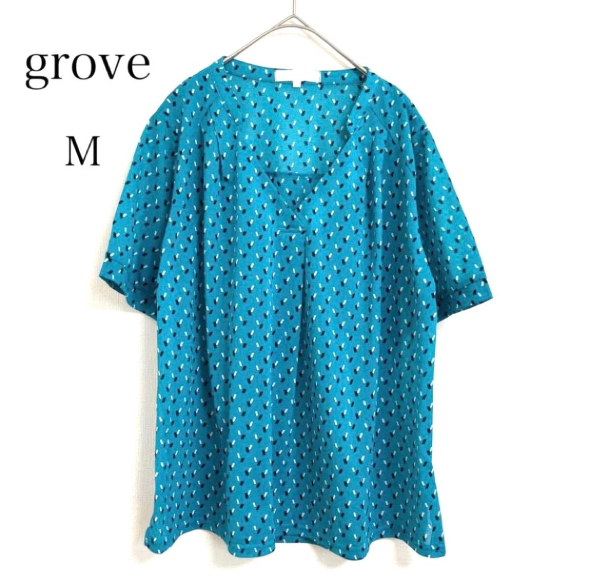 grove  四角ドット 紙吹雪  スキッパー  半袖 シャツ ブラウス  M