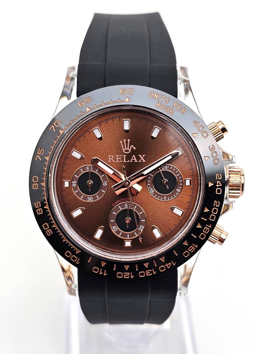 【1円UP】リラックス 王冠ロゴ D24 腕時計 クロノ 高級感溢れるピンクゴールドとラフなラバーベルトの融合 チョコレート文字盤_画像1