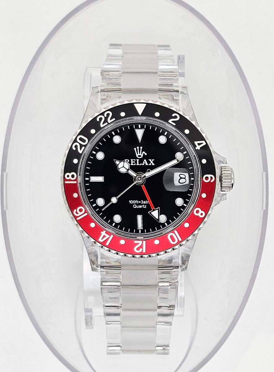 【3999円】リラックス 王冠ロゴ 腕時計 GMT 黒/赤 24H回転ベゼル 世田谷ベース 所ジョージ 新品 GMT12_画像2
