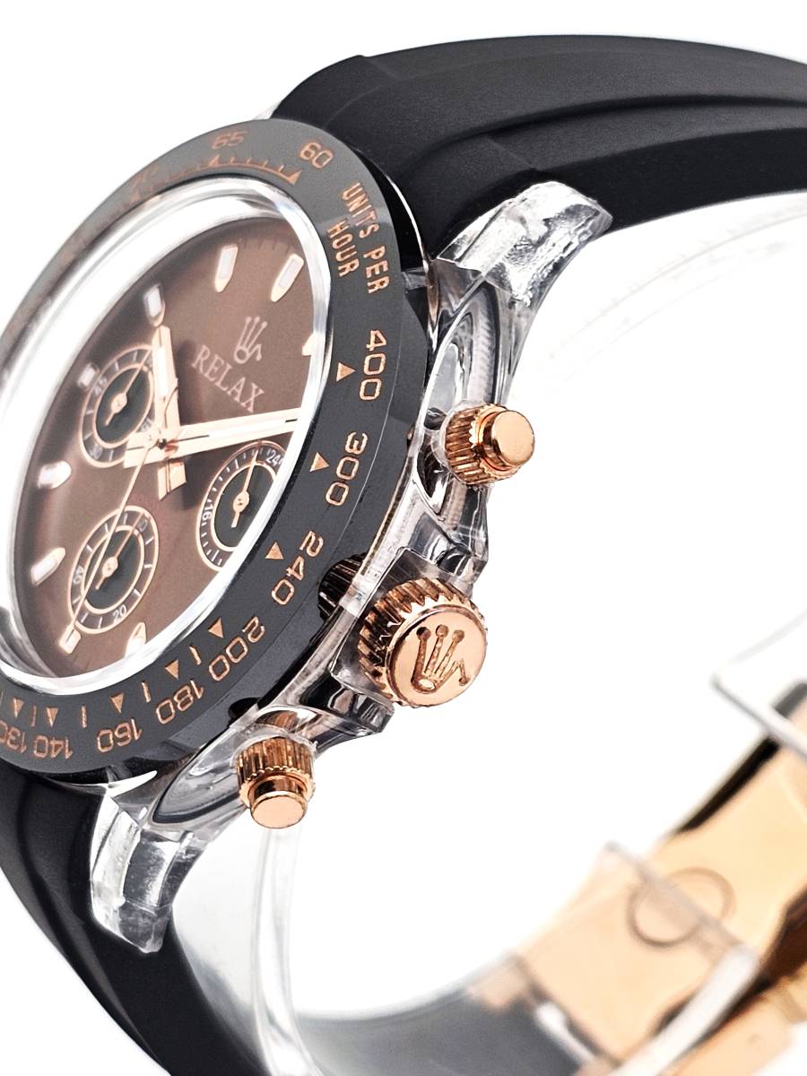 【1円UP】リラックス 王冠ロゴ D24 腕時計 クロノ 高級感溢れるピンクゴールドとラフなラバーベルトの融合 チョコレート文字盤_画像4