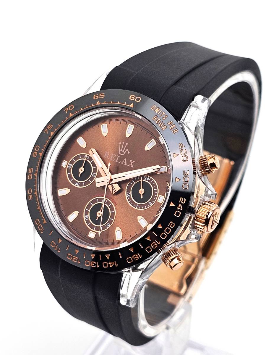 【5999円】リラックス 王冠ロゴ D24 腕時計 クロノ 高級感溢れるピンクゴールドとラフなラバーベルトの融合 チョコレート文字盤_画像3