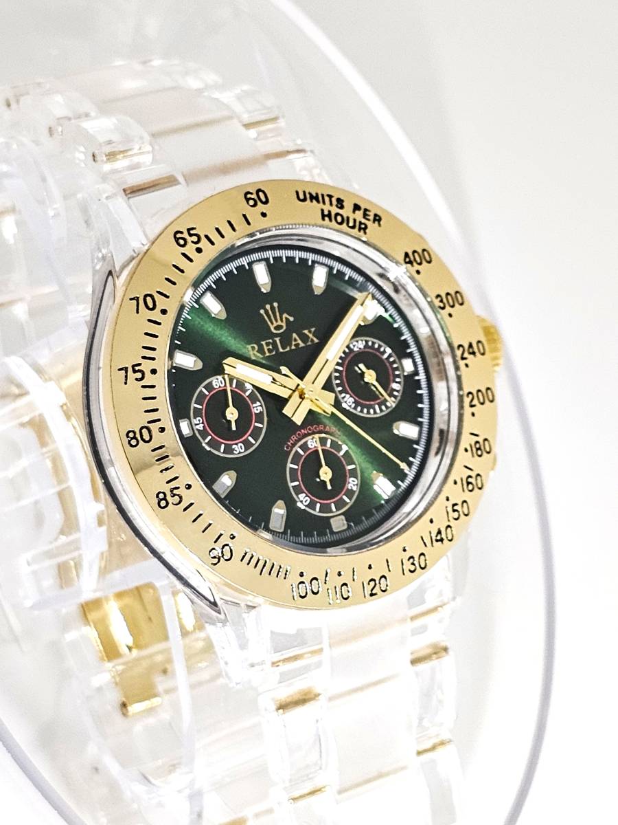 【3999円】リラックス 王冠ロゴ D28 腕時計 クロノ 鮮やかなグリーンカラーが大変魅力的なモデル グリーンダイヤル文字盤 世田谷ベース_画像6