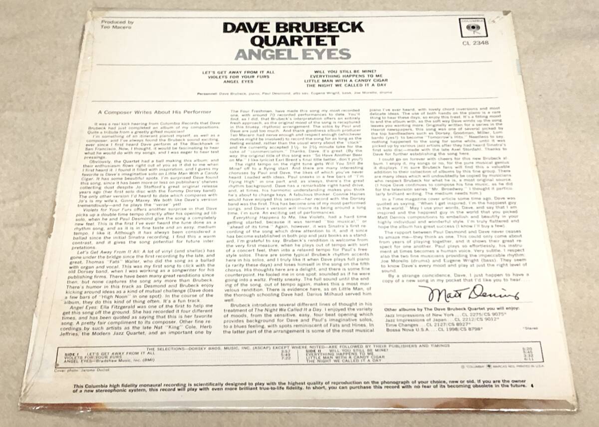 期間限定値下●美女！激レアMono白Promo高音質Dave Brubeck Quartet / Angel Eyes●Paul Desmond,Eugene Wright,Joe Morelloの画像3