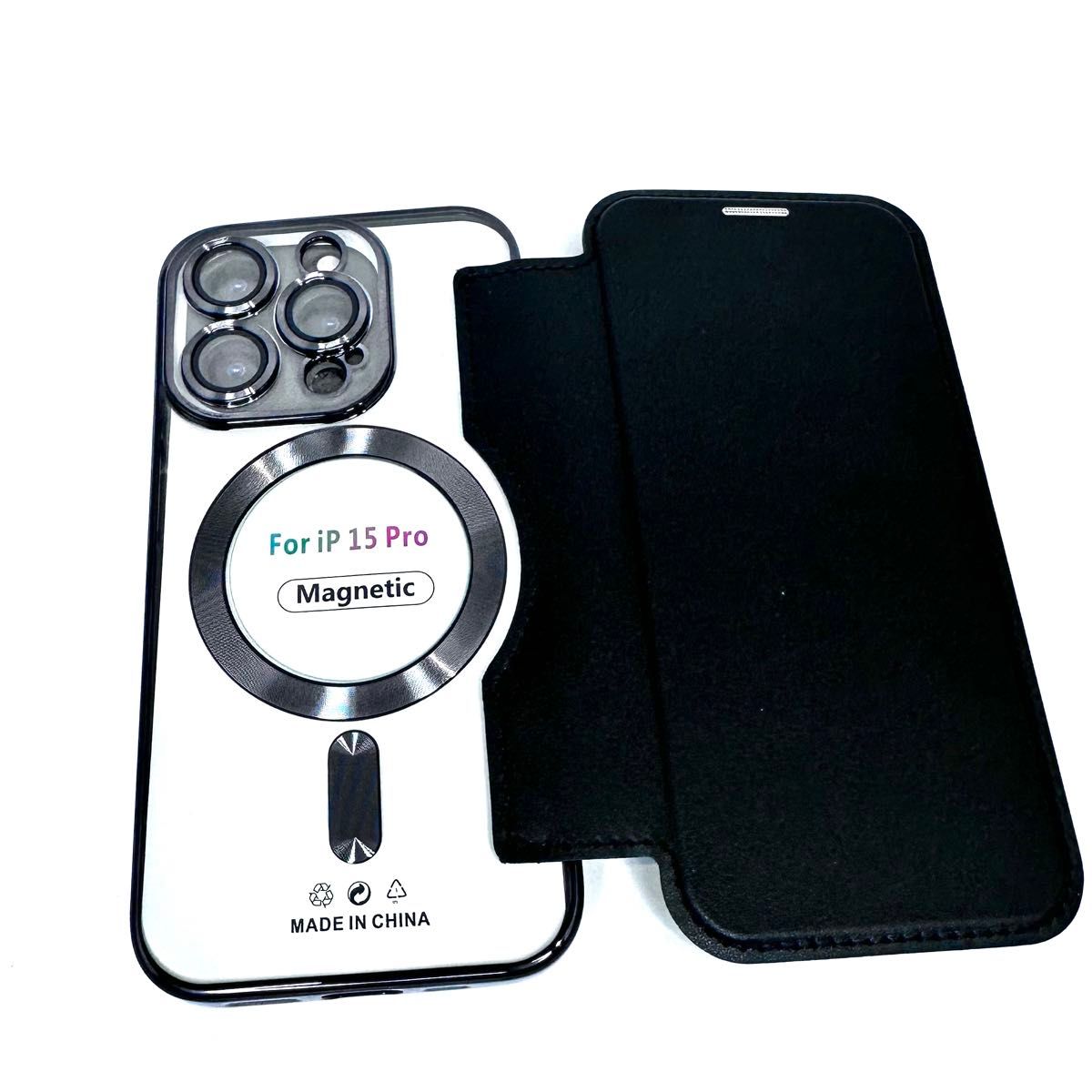 iPhone15Pro ブラック　手帳型　カード　収納　MagSafeマグネット iPhone フリップケース