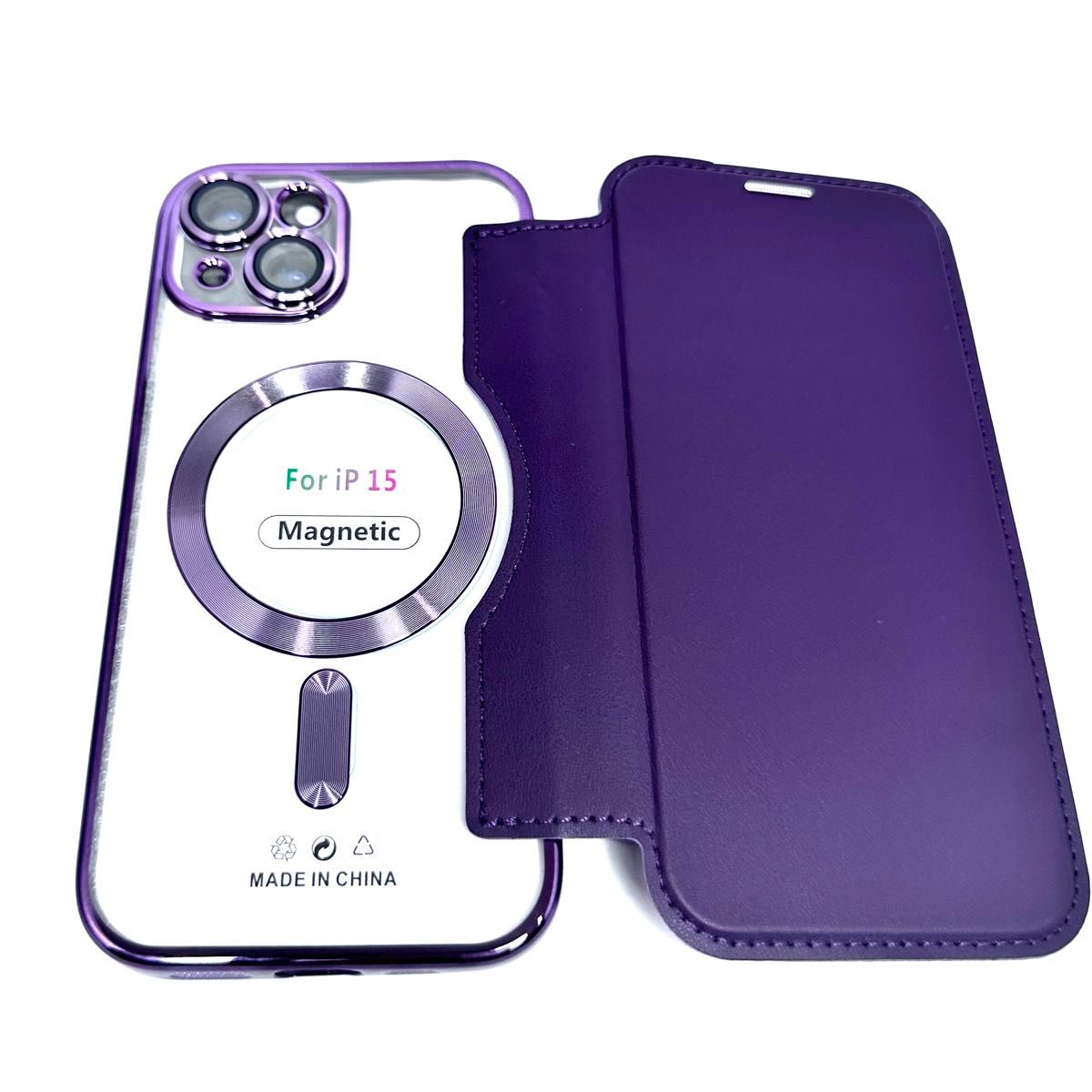 iPhone15 パープル　手帳型　カード　MagSafe　マグネット韓国 MagSafe充電 カード収納ホルダースタンド機能