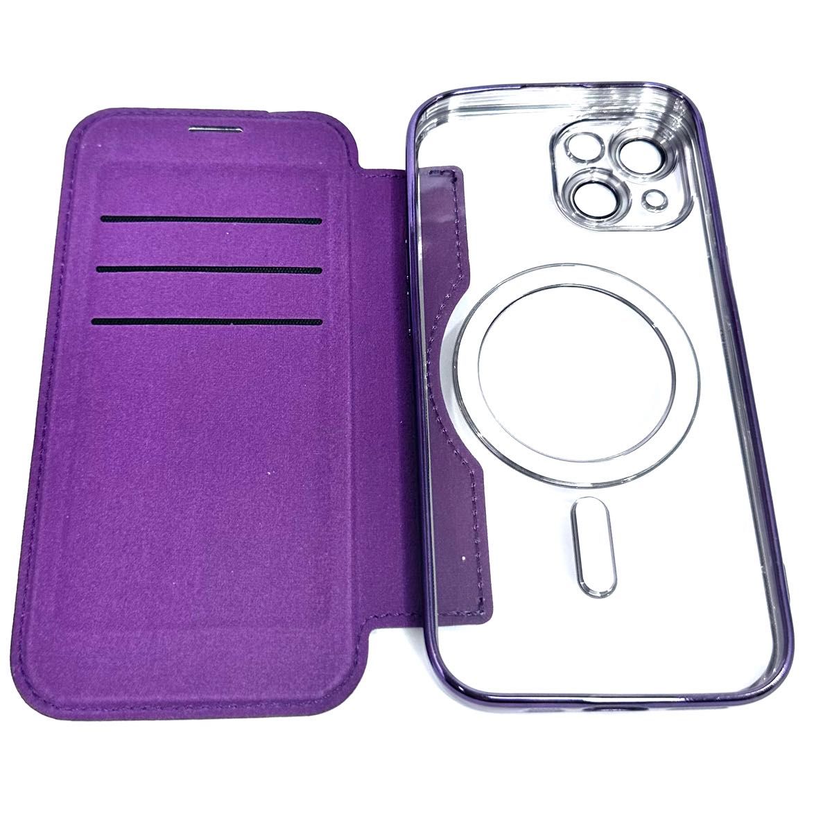 iPhone15 パープル　手帳型　カード　MagSafe　マグネット韓国 MagSafe充電 カード収納ホルダースタンド機能