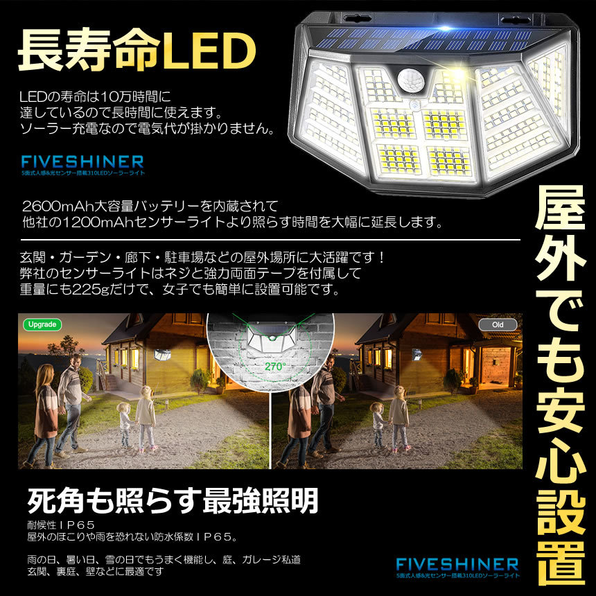 310LED搭載 5面式 ソーラーライト 2個セット 人感 光センサー 防水 屋外 センサーライト 照明 ガーデン 庭 玄関 FIVESHINER_画像7