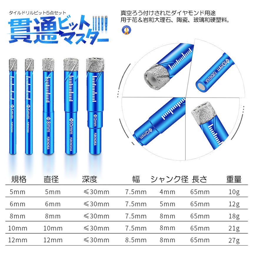 真空 タイルドリルビット 5点セット シャンク 穴あけ工具 電気ドリル 5mm 6mm 8mm 10mm 12mm DIY 5-GARABITO_画像5