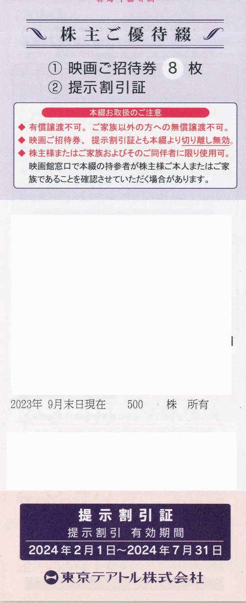 有・即♪東京テアトル 株主優待 映画ご招待券8枚+提示割引証 【男性名義】 送料84円～♪ 2～4月/5～6有効各4枚_画像1