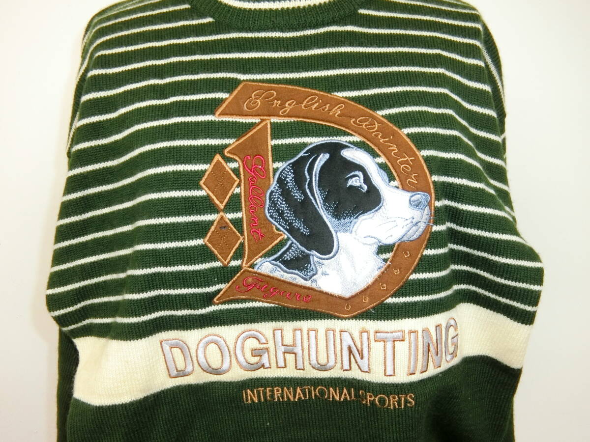 DOGHUNTING ドッグハンティング SPORTS CLUB メンズ Lサイズ 柄 ニット セーター 緑 ボーダー 犬マーク 毛100％ Y-104_画像6