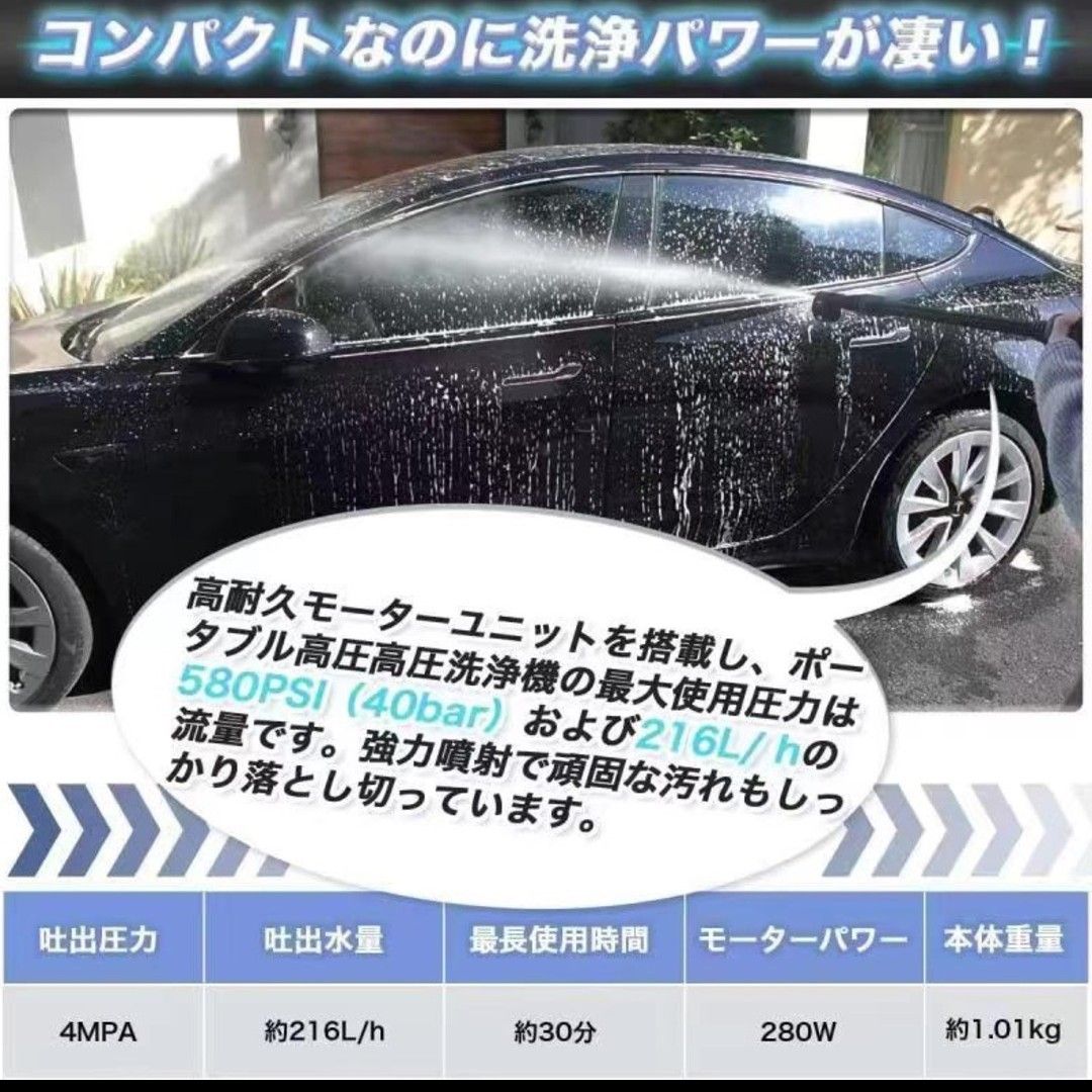 高圧洗浄機 6in1多機能マルチノズル コードレス 充電式高圧洗浄機 コンパクト 充電式バッテリー強力なジェット多機能ノズル自吸式