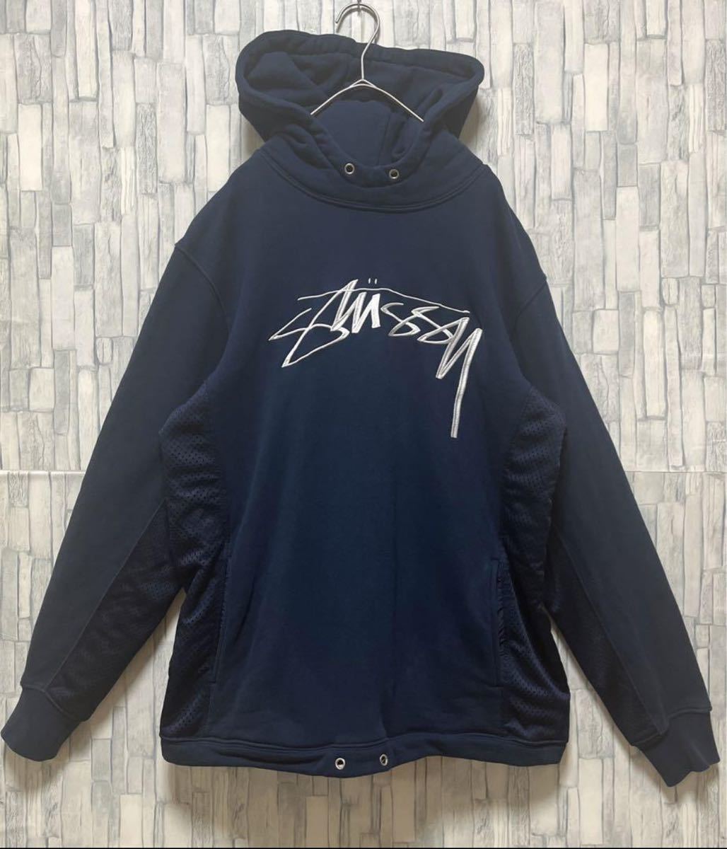 stussy ステューシー 長袖 パーカー スウェット プルオーバー デカロゴ 刺繍ロゴ センターロゴ サイズM ネイビー フーディ 裏起毛 メッシュ