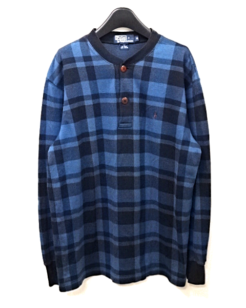 M【POLO by Ralph Lauren Check Henry Neck L/S Tee Blue ポロ バイ ラルフローレン チェック ヘンリーネック ロンTシャツ カットソー】_画像2