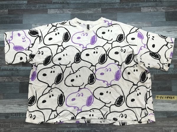 H&M エイチアンドエム × SNOOPY スヌーピー レディース 総柄 オーバサイズ 半袖Tシャツ M 白_画像1