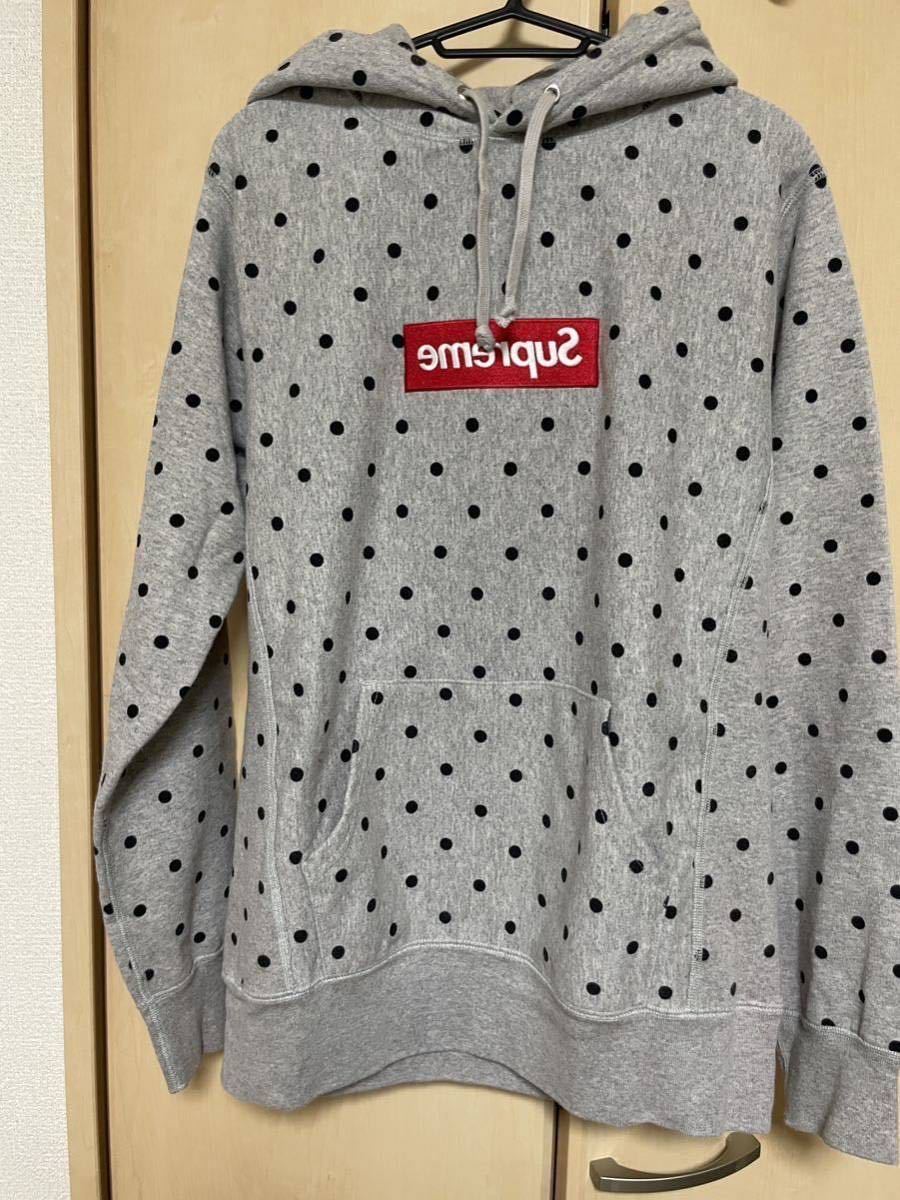 シュプリーム 12SS Box Logo Pullover ×コムデギャルソンシャツ ボックスロゴプルオーバー パーカー 反転ロゴ ドット柄 グレー Mサイズ